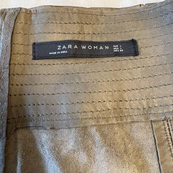 ZARA Woman 100% Leather Mini Skirt – Olive Green – Size L - Picture 5 of 10